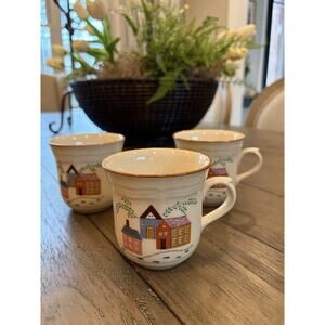 Charming Cottage Village Newcor Stoneware coffee Mugs Set of 3 Ceramic Farm
